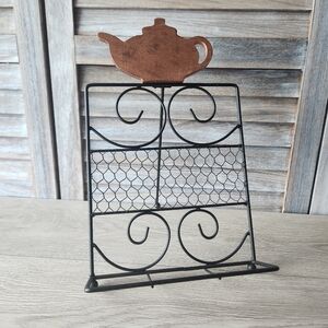 Black Metal Wire Book Cookbook Tablet Stand Wooden Tea Kettle Country Kitchen